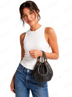 Anna Paola Black Pebbled Leather Mini Bucket Bag Made in Italy